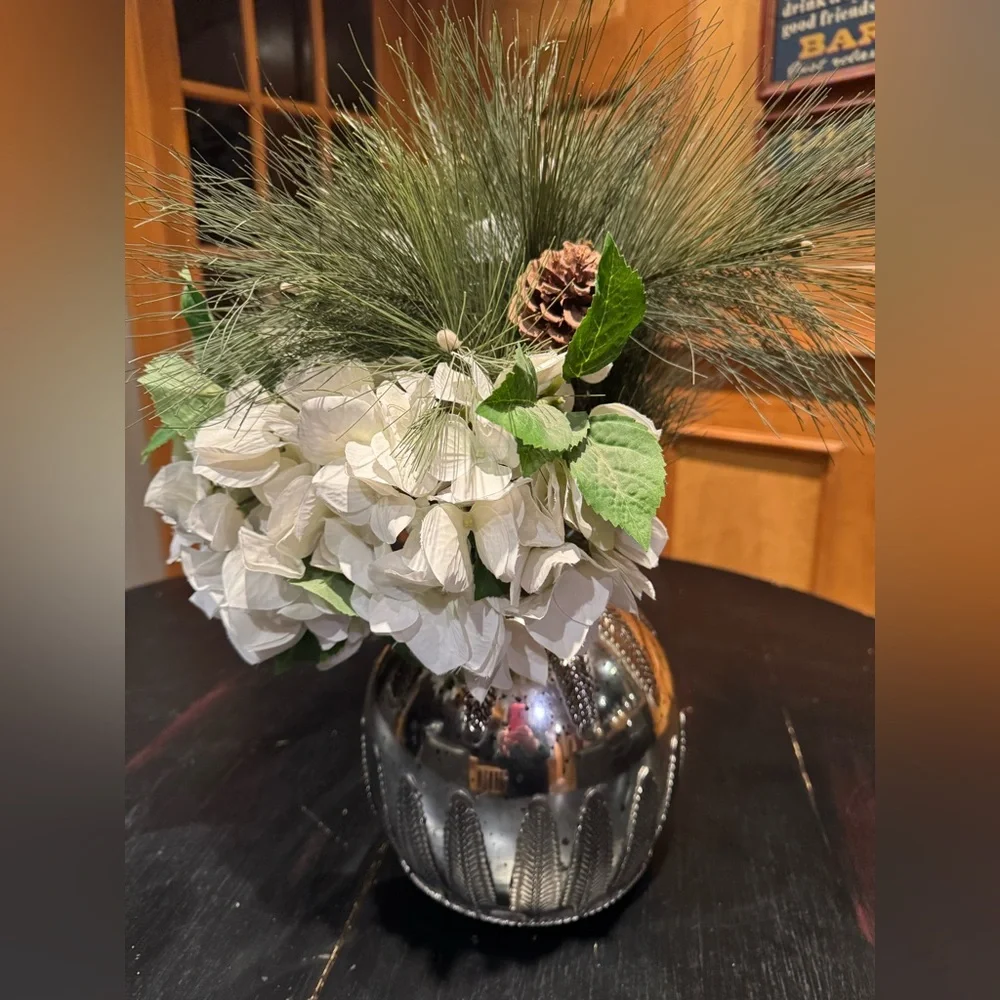 POTTERY BARN Floral arrangement in silver vase